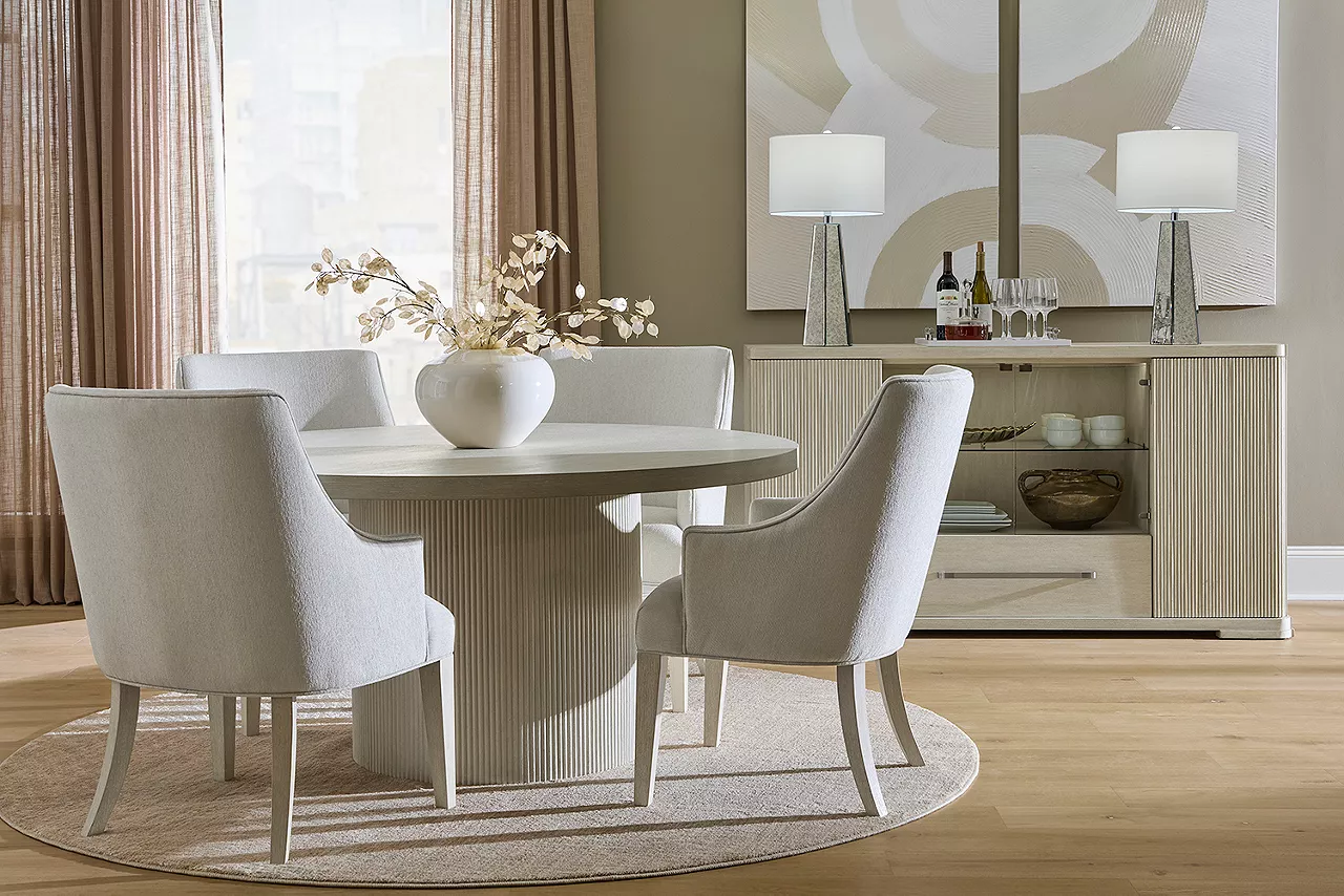 Cascade Round Dining Table with 4 Host Chairs and server in a room scene